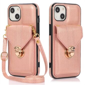 For iPhone 14 6.1 inch Anti-scratch Phone Cover PU Leather+TPU Card Holder Kickstand Phone Case with Shoulder Strap