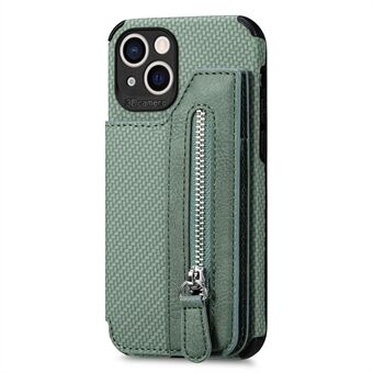 Drop-proof Phone Cover For iPhone 14 6.1 inch, Carbon Fiber Texture Zippered Pocket Leather Coated TPU Phone Case Kickstand