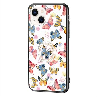 For iPhone 14 6.1 inch Butterfly Series Tempered Glass + PC + TPU Phone Case Butterfly Pattern Ring Kickstand Cover