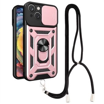 Phone Case Kickstand For iPhone 14 6.1 inch, Ring Holder Anti-fall PC + TPU Phone Shell with Slide Camera Protective Cover and Lanyard