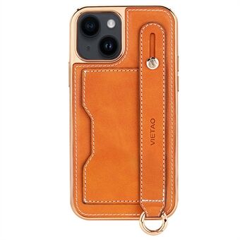 VIETAO Electroplating Phone Case For iPhone 14, Kickstand Card Slots PU Leather + TPU Anti-scratch Phone Protective Cover with Lanyard