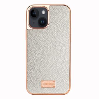 VIETAO For iPhone 14 Electroplating Phone Case Litchi Texture PU Leather Coated TPU Phone Cover