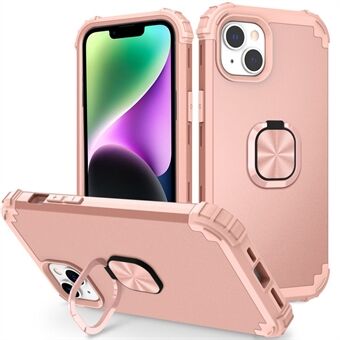 For iPhone 14 L-Style Anti-fall Phone Case Kickstand Ring Holder PC + Silicone Phone Back Cover with Metal Sheet