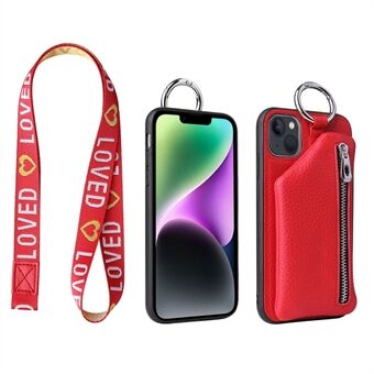 For iPhone 14 Detachable Wallet Anti-fall PU Leather Coated TPU Phone Case Zipper Pocket Protective Cover with Lanyard