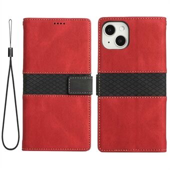 For iPhone 14 Anti-shock Grid Splicing Phone Case Anti-wear Folio Flip Wallet Cover PU Leather Phone Shell Stand with Strap