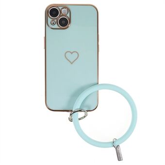 For iPhone 14 Soft TPU Phone Case with Silicone Carrying Ring, Heart Pattern 6D Electroplating Protective Phone Cover