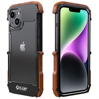 R-JUST Wood + Aluminum Alloy Frame Bumper Case for iPhone 14 Shockproof Cover Anti-Fall Phone Protector