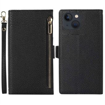 For iPhone 14 Zipper Pocket Design Phone Case Litchi Texture Full Protection PU Leather Phone Flip Cover Wallet with Strap