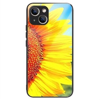 For iPhone 14 Sunflower Pattern Printing Phone Case Tempered Glass Back Soft TPU Frame Anti-Scratch Protective Cover