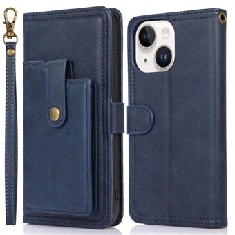 Outer Card Holder Phone Case for iPhone 14, PU Leather Magnetic Clasp Stand Wallet Cover with Strap