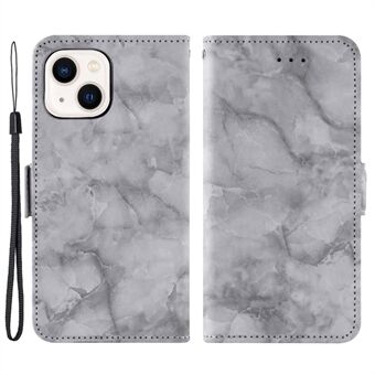 For iPhone 14 Marble Pattern Stand Shell, Full Protection Dual Magnetic Clasp PU Leather Flip Wallet Cover - Grey