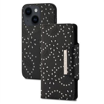 For iPhone 14 Leaf Imprinted Glitter Flower Design PU Leather Detachable Phone Protective Cover Wallet Case