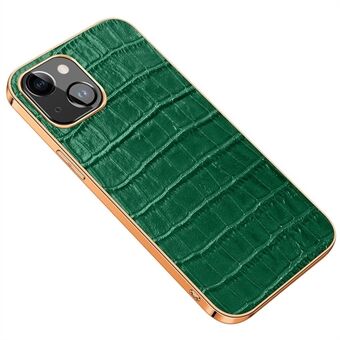 Anti-Drop Phone Case for iPhone 14 Crocodile Texture Shockproof Case Genuine Leather Coated Electroplating TPU Back Cover