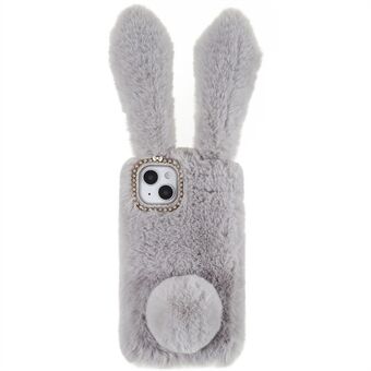 For iPhone 14 Cute 3D Bunny Ears Furry Winter Warm Case Collision Resistant TPU Protective Phone Cover with Glitter Rhinestone Bowknot