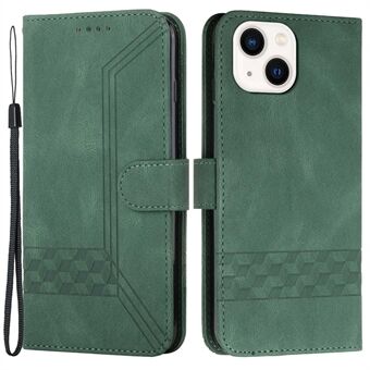 YX0010 Series for iPhone 14 PU Leather Imprinted Rhombus and Lines Phone Case Wallet Stand Magnetic Clasp Cover with Strap