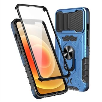 Slide Camera Protection PC + TPU Case for iPhone 14, Kickstand Full Coverage Phone Cover with Tempered Glass Screen Film