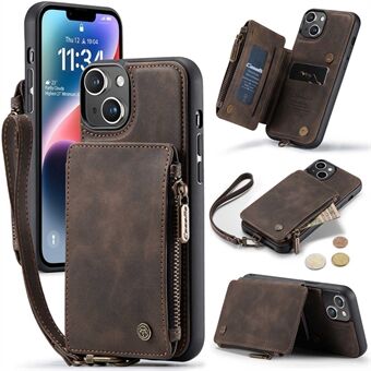 CASEME C20 Series for iPhone 14 PU Leather Coated Soft TPU Wallet Phone Case Zipper Double Magnetic Button Flip Kickstand Protective Cover with Strap