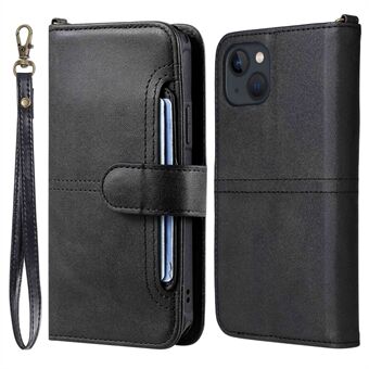 KT Leather Series-4 for iPhone 14 PU Leather Shockproof Phone Stand Wallet Case 2-in-1 Detachable TPU Back Cover with Strap