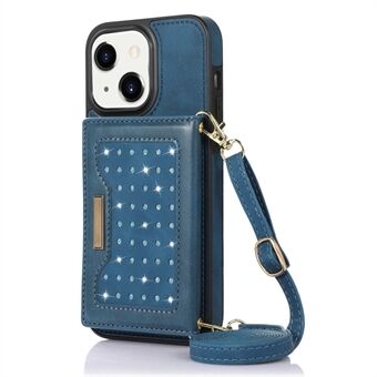 For iPhone 14 RFID Blocking Anti-drop Phone Case Rhinestone Decor Wallet Kickstand PU Leather Coated TPU Cover with Shoulder Strap