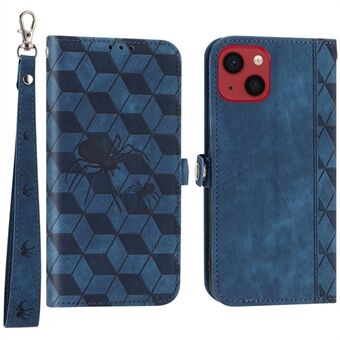 Wallet Phone Stand Cover for iPhone 14, PU Leather Imprinted Spider Rhombus Pattern Phone Case with Strap