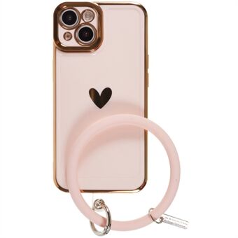 For iPhone 14 Silicone Carrying Ring Mobile Phone Case Heart Pattern Flexible TPU Phone Cover 6D Electroplating Phone Shell