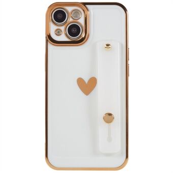 For iPhone 14 Heart Pattern Flexible TPU Phone Cover Wristband Strap Kickstand 6D Electroplating Phone Case