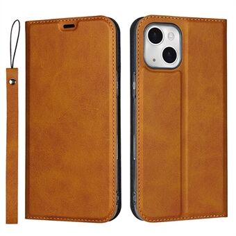 For iPhone 14 Calf Texture PU Leather Foldable Stand Case Card Holder Magnetic Auto-absorbed Shell with Strap