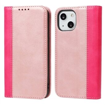 For iPhone 14 Bi-color Splicing Magnetic Auto-absorbed Calf Texture PU Leather Phone Case Drop-proof Wallet Stand Cover