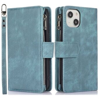 PU Leather Phone Cover For iPhone 14, Skin-touch Drop-proof Phone Case Zipper Pocket Card Holder Stand Wallet with Wrist and Shoulder Strap