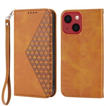 For iPhone 14 Anti-scratch Calf Texture Magnetic Wallet PU Leather Case Imprinted Rhombus Pattern Stand Cover with Strap