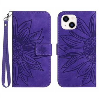 Flip Phone Case for iPhone 14, HT04 Imprinted Sunflower Adjustable Stand PU Leather Skin-Touch Magnetic Wallet Cover with Strap