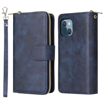 For iPhone 14 PU Leather Magnetic Closure Handbag Zipper Pocket Case Stand 9 Card Holder Slots Wallet Phone Cover with Strap