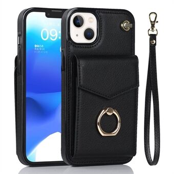 For iPhone 14 RFID Blocking Accordion Style Card Bag Phone Protective Cover Ring Kickstand Design PU Leather+TPU Back Case with Strap