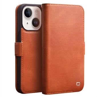 QIALINO For iPhone 14 Business Style Magnetic Closure Genuine Leather Flip Cover Wallet Stand Phone Case