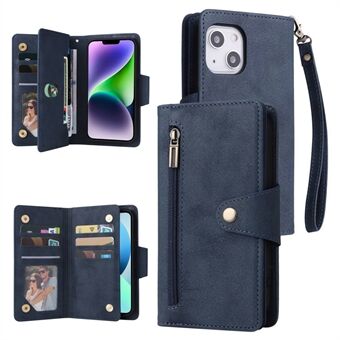 For iPhone 14 PU Leather Magnetic Handbag Wallet Flip Phone Case Rivet Decor Zipper Pocket Multiple Card Slots Stand Cover with Strap