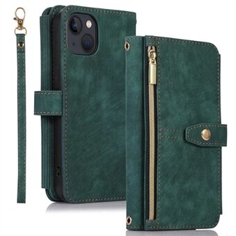 For iPhone 14 PU Leather Wallet Phone Case Multiple Card Slots Magnetic Closure Zipper Pocket Stand Flip Cover with Strap