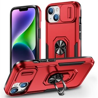 For iPhone 14 PC + TPU Shockproof Phone Case Ring Kickstand Slide Camera Protector Cover with Car Mount Metal Sheet