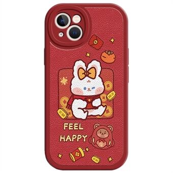 For iPhone 14 New Year Cartoon Rabbit PU Leather Coated TPU Phone Cover Shockproof Back Case