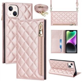 For iPhone 14 Rhombus Imprinted Phone Case PU Leather Zipper Pocket Wallet Stand Drop-proof Flip Phone Cover with Shoulder Strap