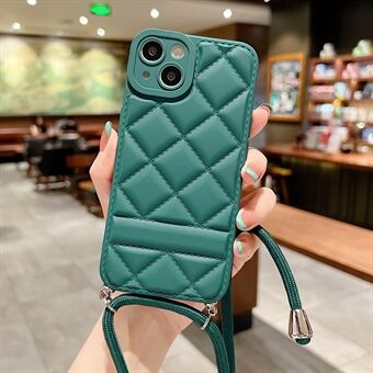 For iPhone 14 Stitching Rhombus Grid Pattern Precise Cutout Phone Case Anti-drop PU Leather Coated TPU Cover with Shoulder Strap