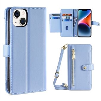 For iPhone 14 Zipper Pocket Shockproof PU Leather Stand Case Card Slots Flip Phone Cover with Wrist Strap and Shoulder Strap