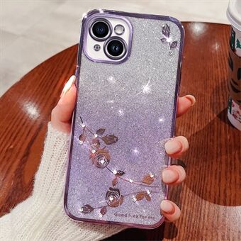 For iPhone 14 Gradient Glitter Powder Flexible TPU Back Cover Rhinestone Decor Flower Design Drop-proof Case