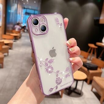 Protective Phone Cover For iPhone 14, Flower Pattern Rhinestone Decor Scratch-resistant Soft TPU Electroplating Phone Case