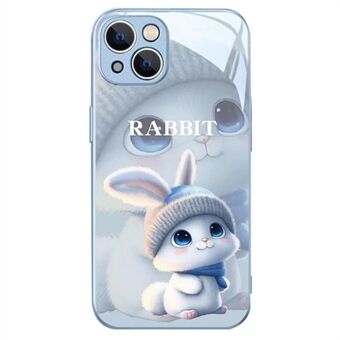 For iPhone 14 Back Cover, Cartoon Rabbit with Knitted Hat Tempered Glass+TPU Phone Protective Case