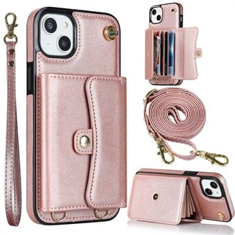 For iPhone 13 6.1 inch / 14 Accordion Style Card Slots Phone Case Kickstand RFID Blocking Cover with Short Strap and Long Strap