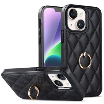 For iPhone 14 PU Leather + TPU Phone Case Imprinted Rhombus Grid Pattern Ring Holder Kickstand Phone Cover