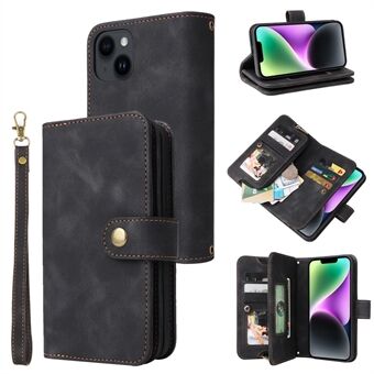 Zipper Pocket Phone Leather Case for iPhone 14 Stand Wallet Multifunctional Phone Cover with Straps