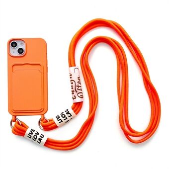 For iPhone 14 Soft Liquid Silicone Phone Case Card Slot Slim Protective Back Cover with Lanyard Strap