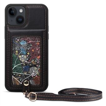 For iPhone 14 / 13 Cell Phone Case Card Holder Kickstand Leather Coated TPU Cover with Shoulder Strap