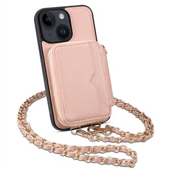 For iPhone 14 Smartphone Case Kickstand Card Holder Wallet PU Leather+TPU Phone Cover with Strap